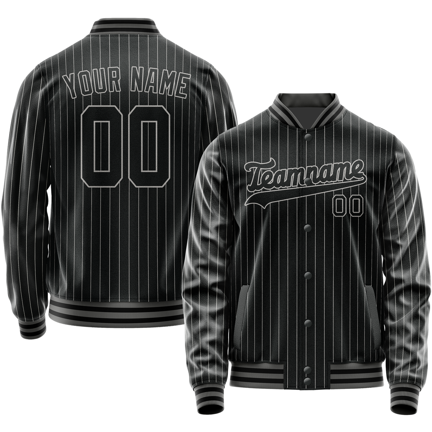 Custom Black Gray Gray Pinstripe Varsity Letterman Jacket