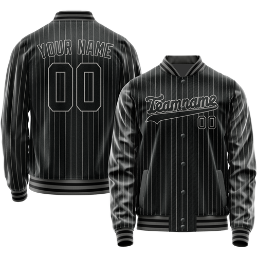 Custom Black Gray Gray Pinstripe Varsity Letterman Jacket