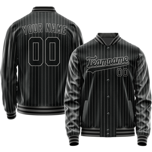 Custom Black Gray Gray Pinstripe Varsity Letterman Jacket
