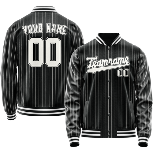 Custom Black White Gray Pinstripe Varsity Letterman Jacket