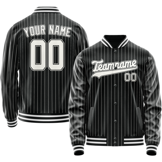 Custom Black White Gray Pinstripe Varsity Letterman Jacket