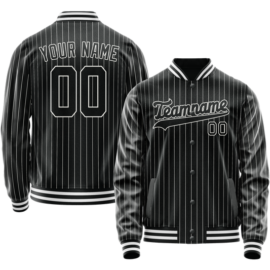Custom Black White White Pinstripe Varsity Letterman Jacket