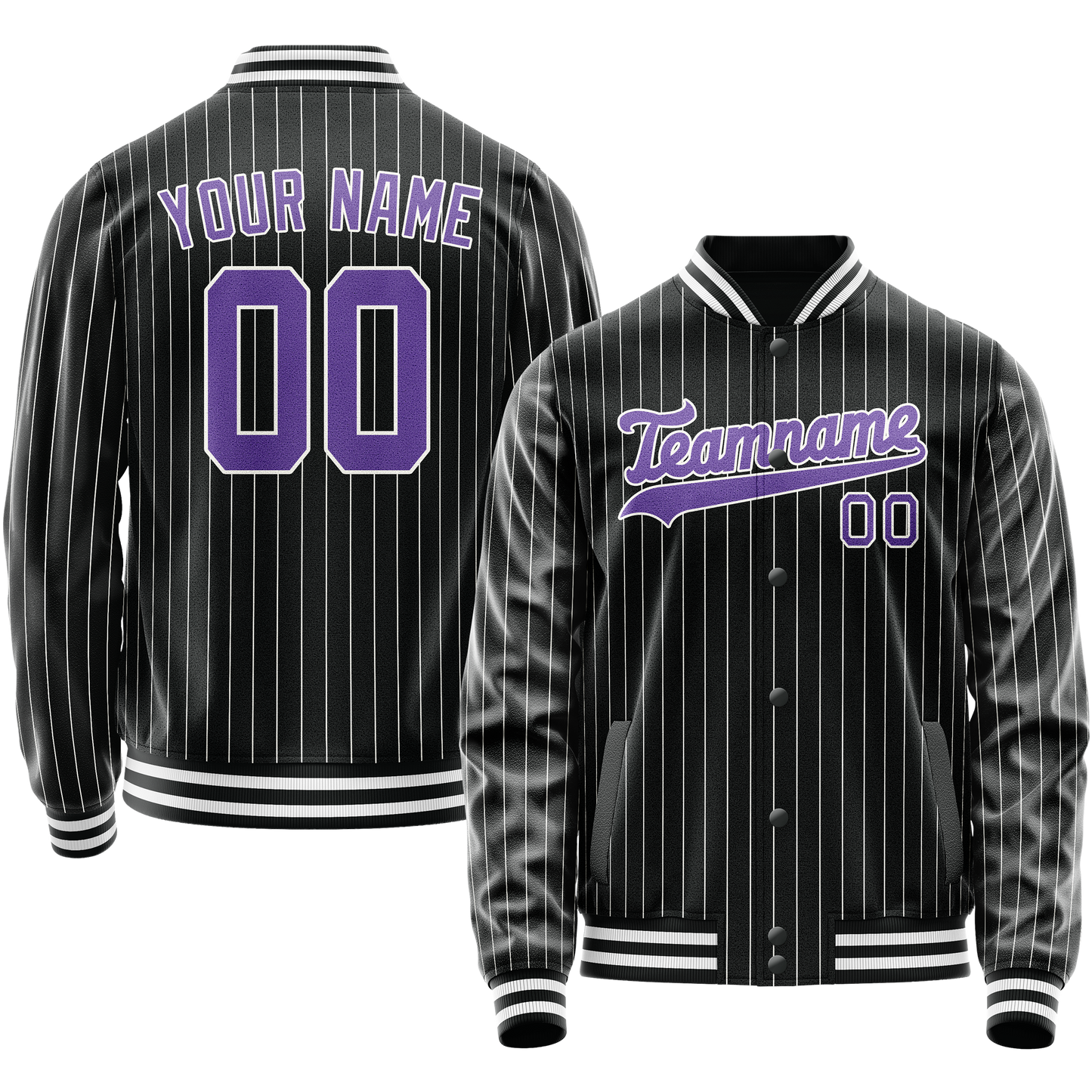 Custom Black Purple Gray Pinstripe Varsity Letterman Jacket