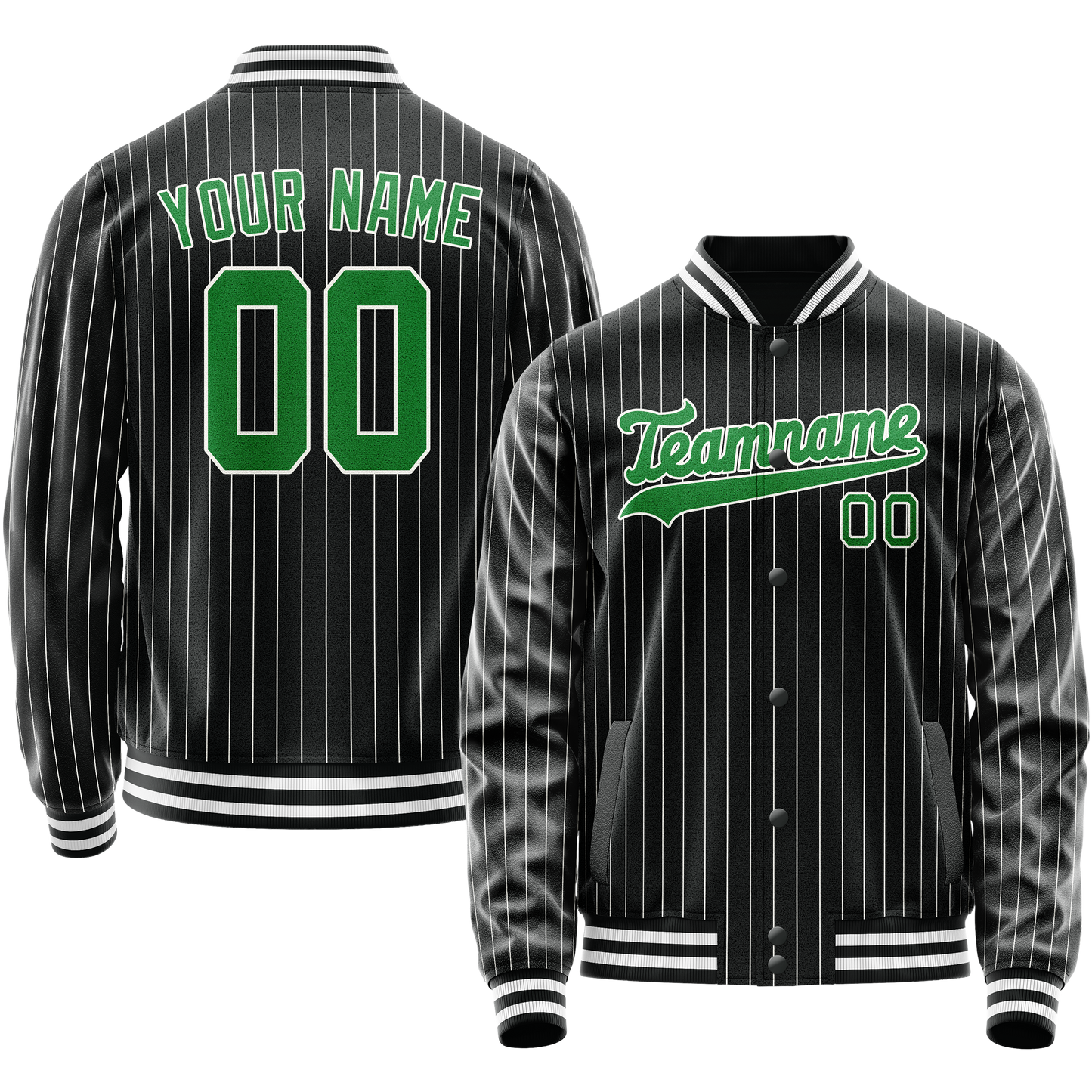 Custom Black Neon-Green Gray Pinstripe Varsity Letterman Jacket
