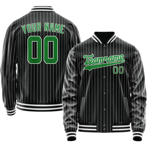 Custom Black Neon-Green Gray Pinstripe Varsity Letterman Jacket