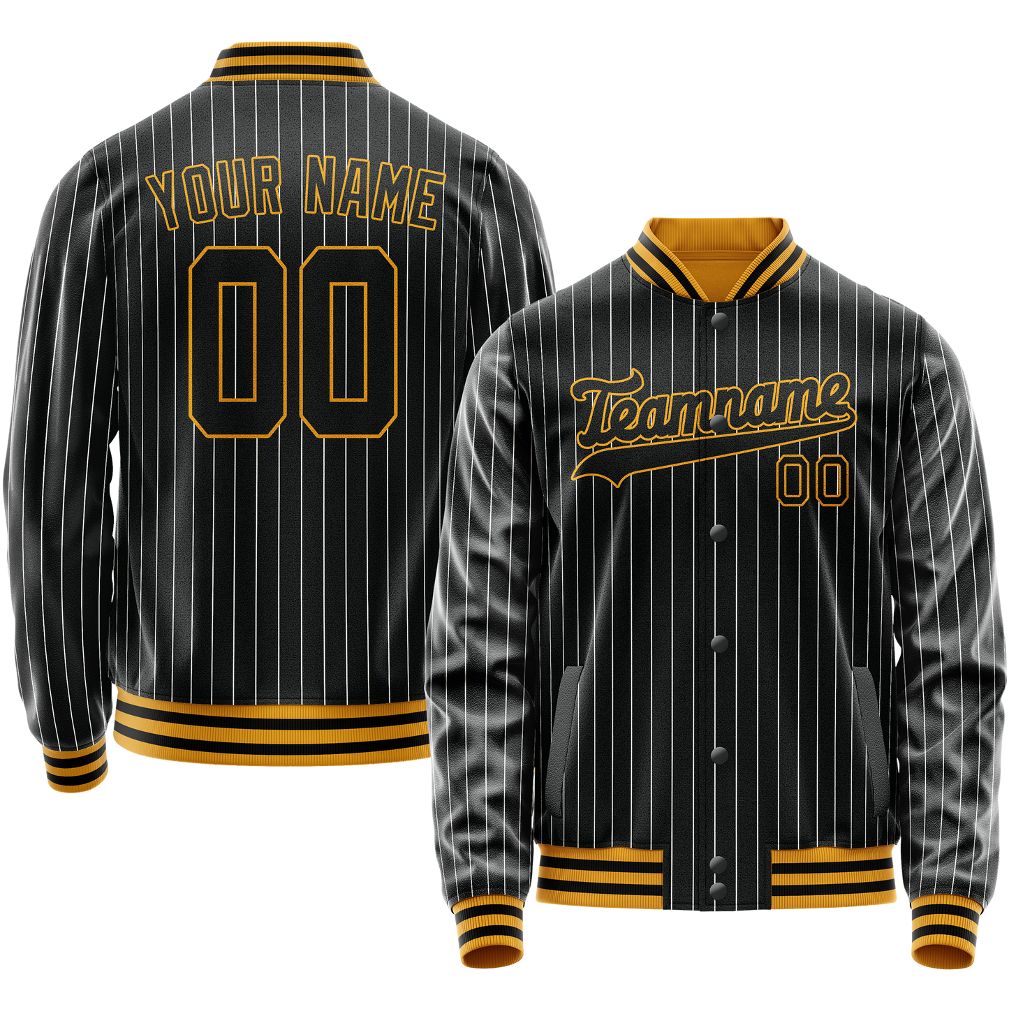 Custom Black Gold Gray Pinstripe Varsity Letterman Jacket