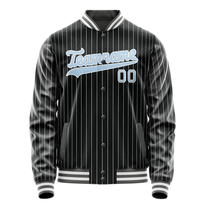 Custom Black Light-Blue Gray Pinstripe Varsity Letterman Jacket