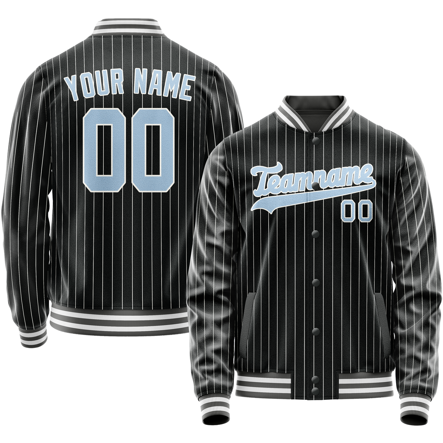 Custom Black Light-Blue Gray Pinstripe Varsity Letterman Jacket