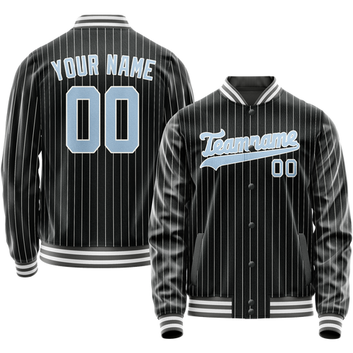 Custom Black Light-Blue Gray Pinstripe Varsity Letterman Jacket