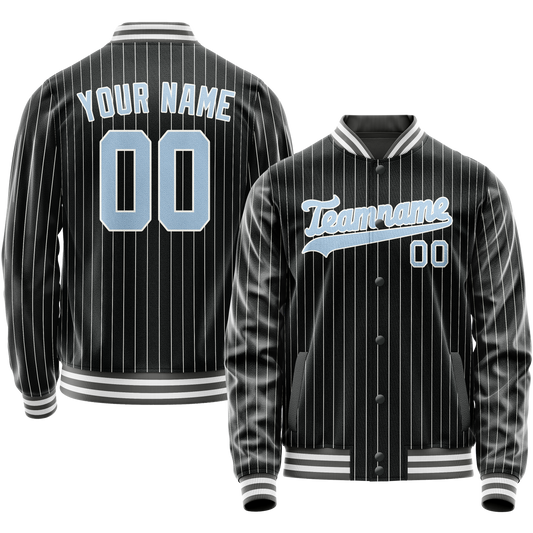 Custom Black Light-Blue Gray Pinstripe Varsity Letterman Jacket
