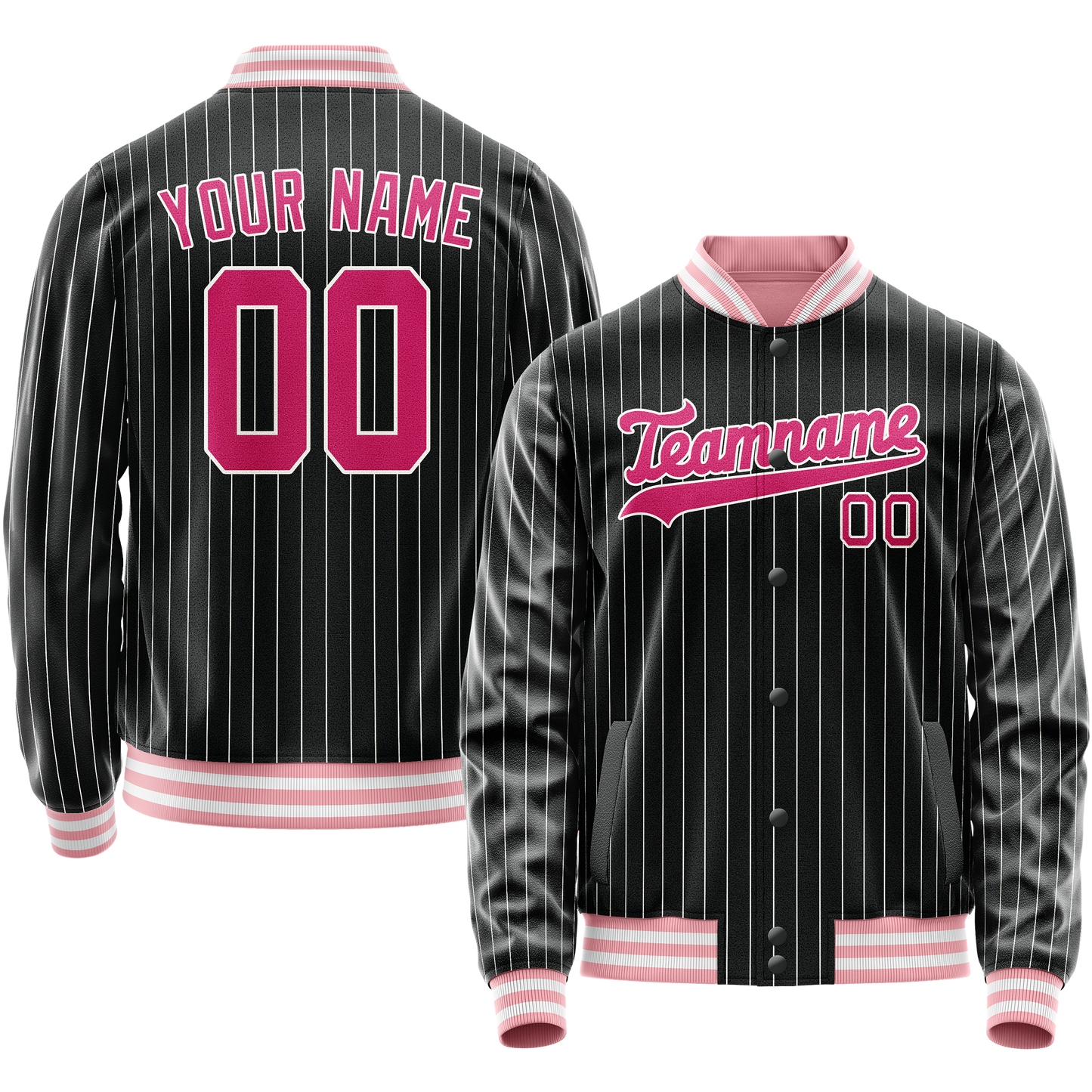 Custom Black Pink Gray Pinstripe Varsity Letterman Jacket
