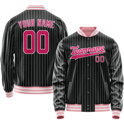 Custom Black Pink Gray Pinstripe Varsity Letterman Jacket
