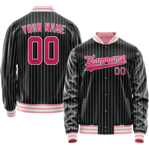 Custom Black Pink Gray Pinstripe Varsity Letterman Jacket