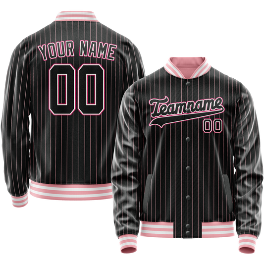 Custom Black Pink Pink Pinstripe Varsity Letterman Jacket