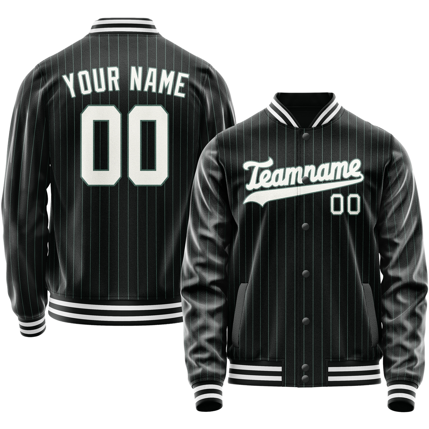 Custom Black White Teal Pinstripe Varsity Letterman Jacket