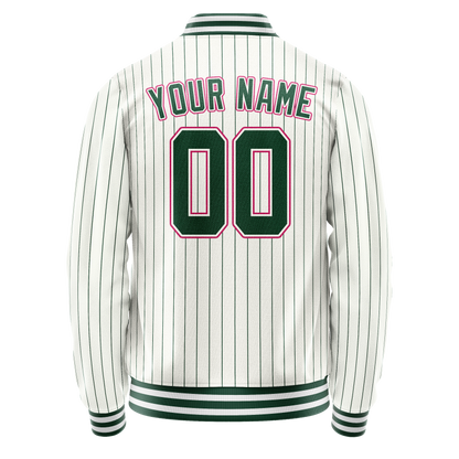 Custom White Pink Kelly Green Pinstripe Varsity Letterman Jacket