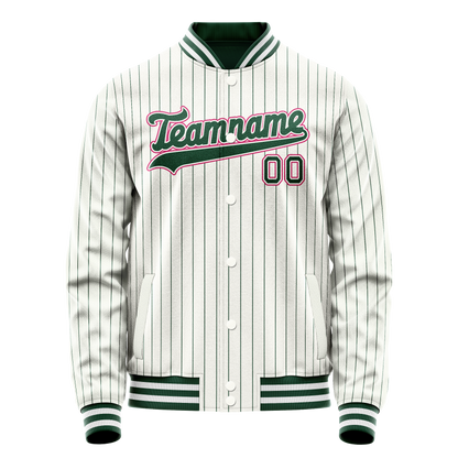 Custom White Pink Kelly Green Pinstripe Varsity Letterman Jacket