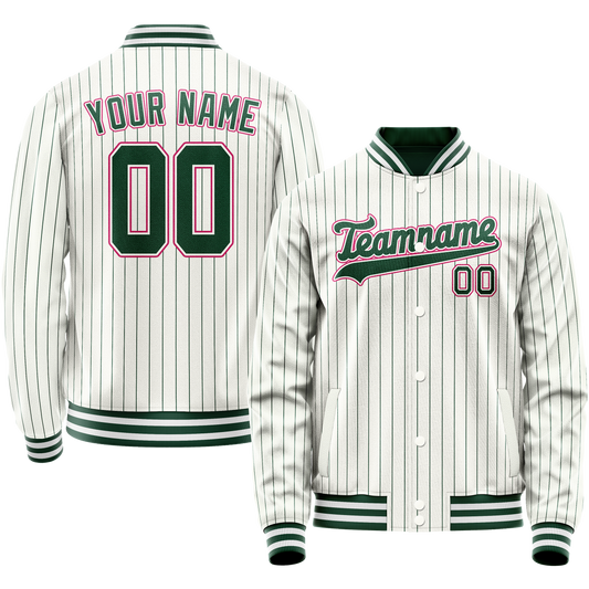 Custom White Pink Kelly Green Pinstripe Varsity Letterman Jacket