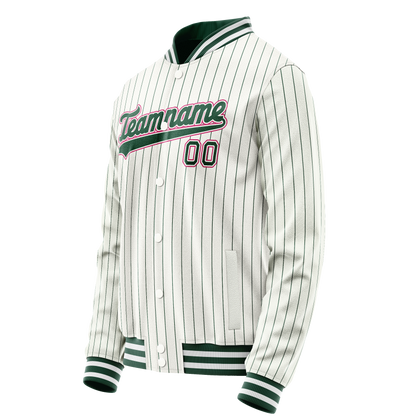 Custom White Pink Kelly Green Pinstripe Varsity Letterman Jacket