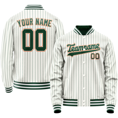 Custom White Orange Kelly Green Pinstripe Varsity Letterman Jacket
