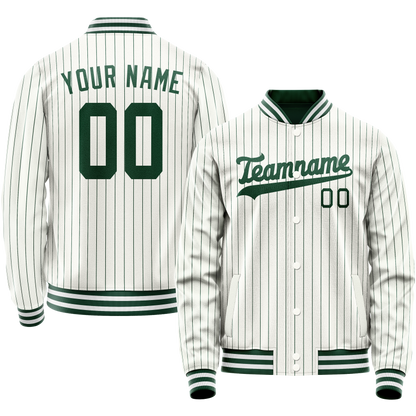 Custom White Kelly-Green Kelly Green Pinstripe Varsity Letterman Jacket