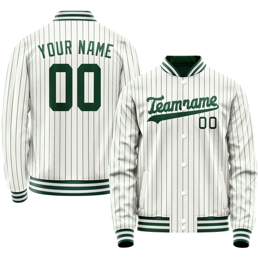 Custom White Kelly-Green Kelly Green Pinstripe Varsity Letterman Jacket