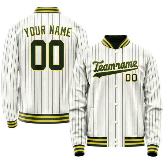 Custom White Kelly-Green Kelly Green Pinstripe Varsity Letterman Jacket