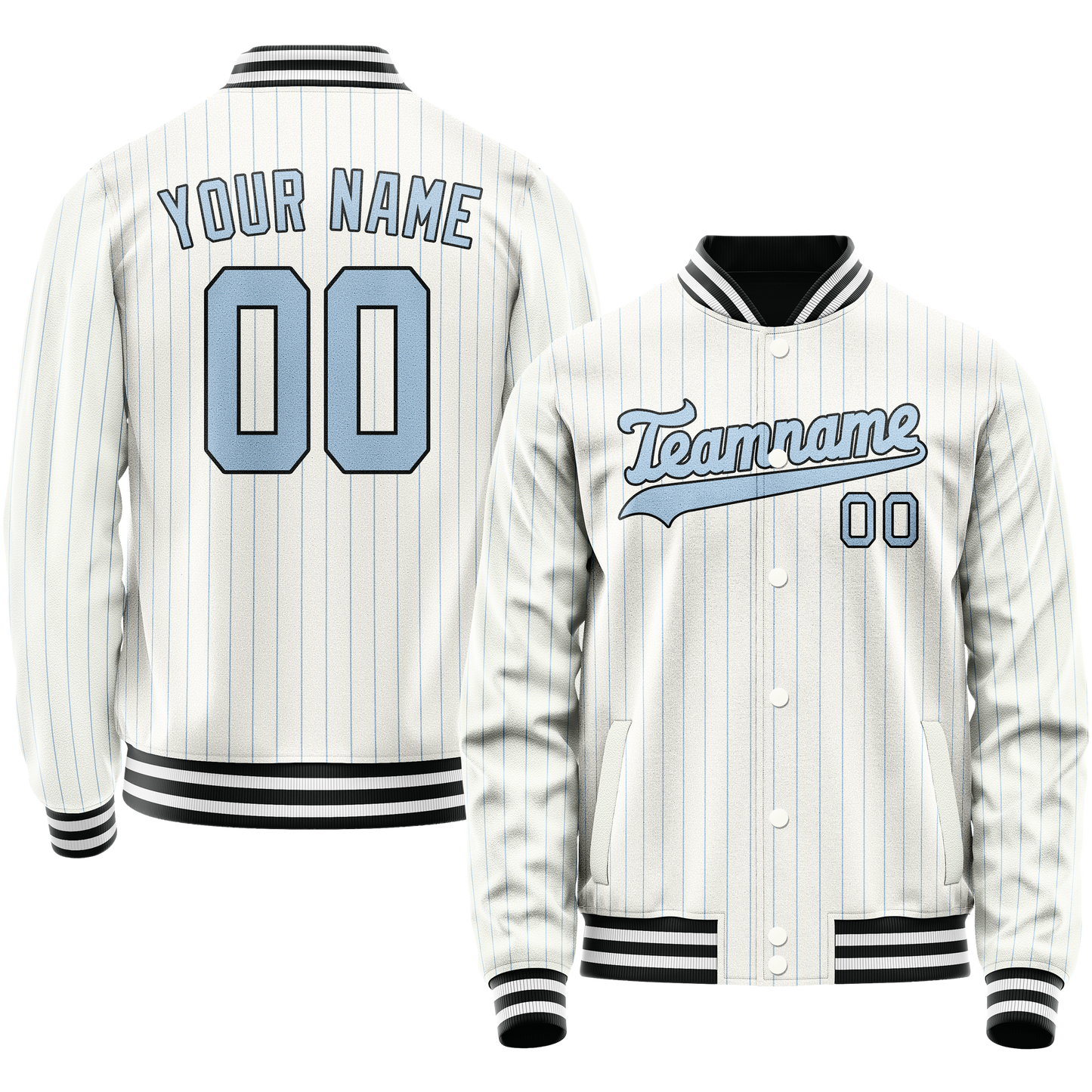 Custom White Light-Blue Light Blue Pinstripe Varsity Letterman Jacket