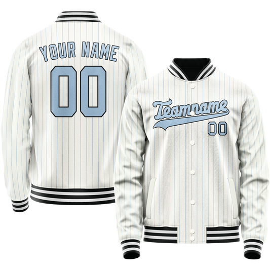 Custom White Light-Blue Light Blue Pinstripe Varsity Letterman Jacket