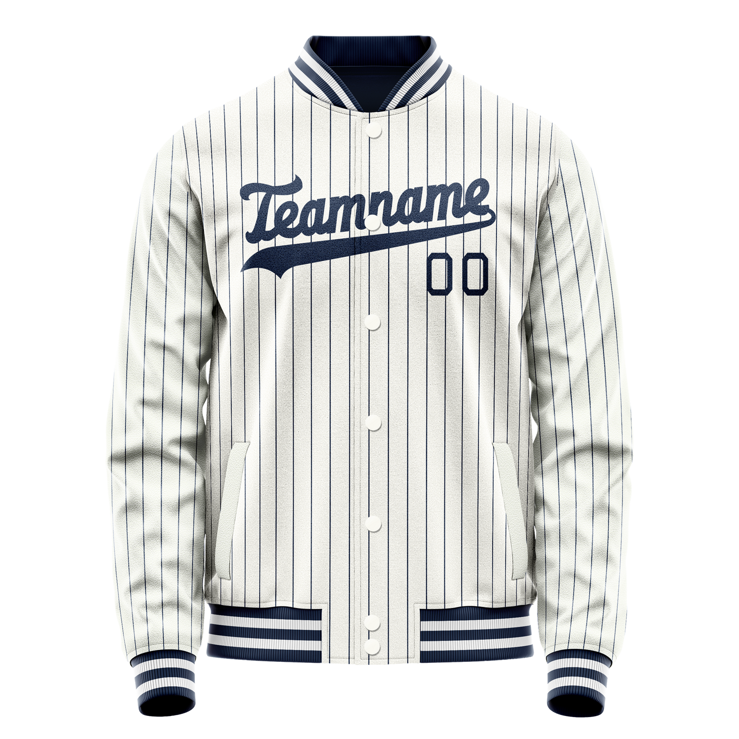 Custom White Navy Navy Pinstripe Varsity Letterman Jacket