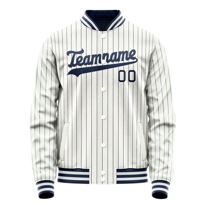 Custom White Navy Navy Pinstripe Varsity Letterman Jacket