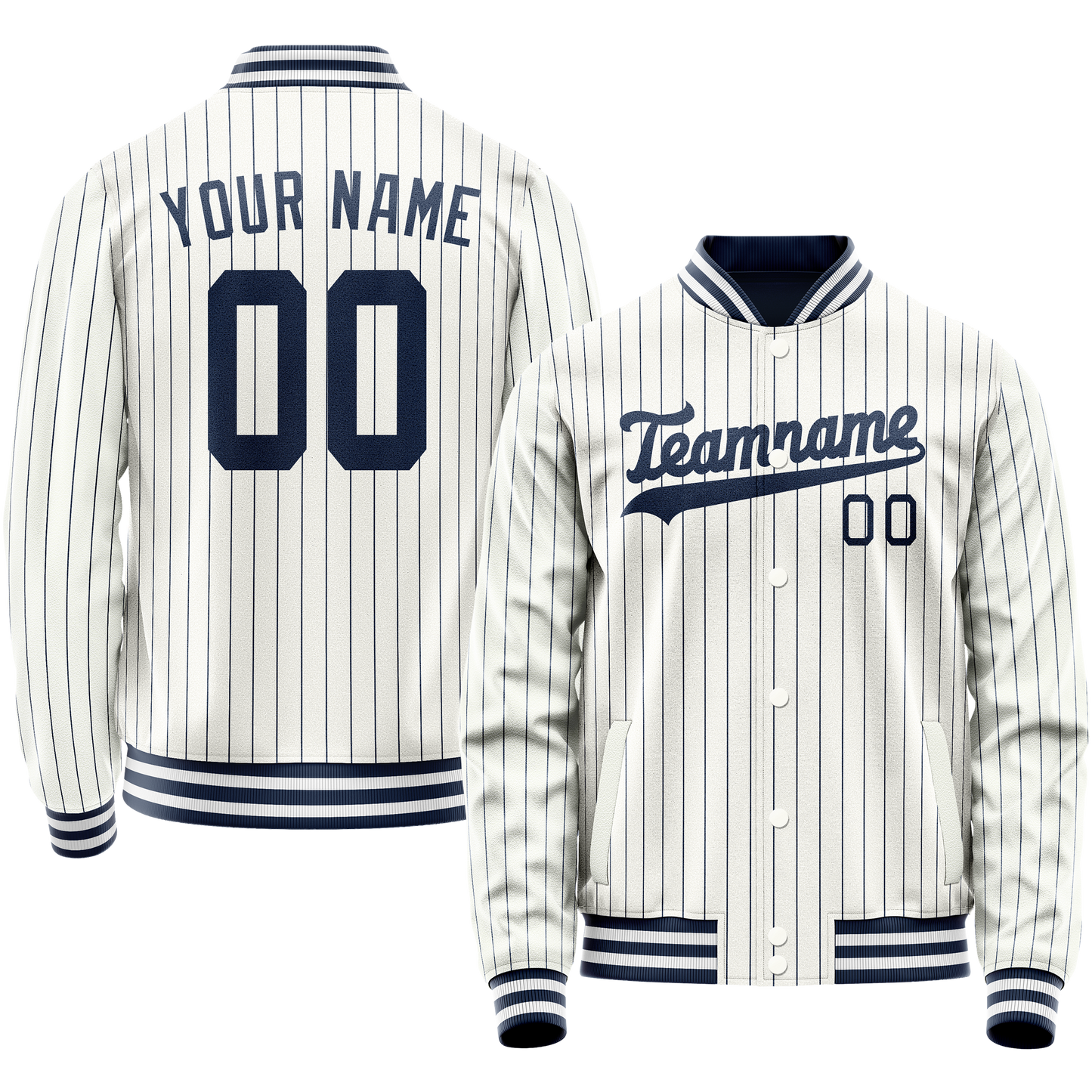 Custom White Navy Navy Pinstripe Varsity Letterman Jacket