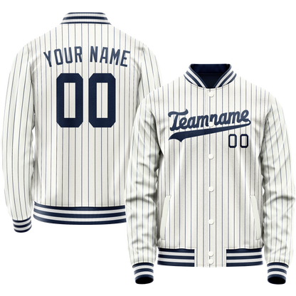 Custom White Navy Navy Pinstripe Varsity Letterman Jacket