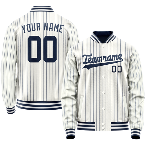 Custom White Navy Navy Pinstripe Varsity Letterman Jacket