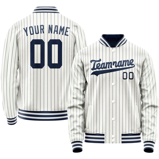 Custom White Navy Navy Pinstripe Varsity Letterman Jacket