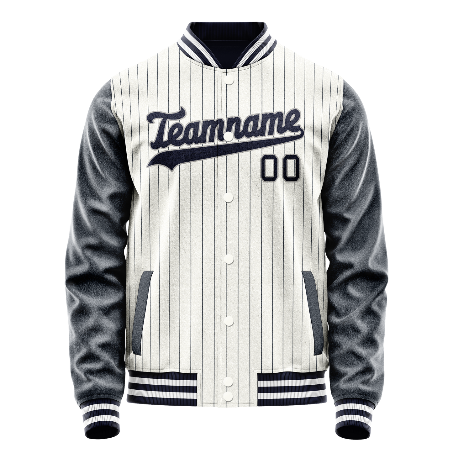 Custom White Navy Navy Pinstripe Varsity Letterman Jacket