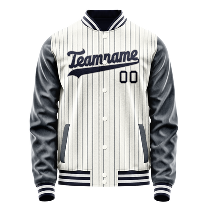 Custom White Navy Navy Pinstripe Varsity Letterman Jacket