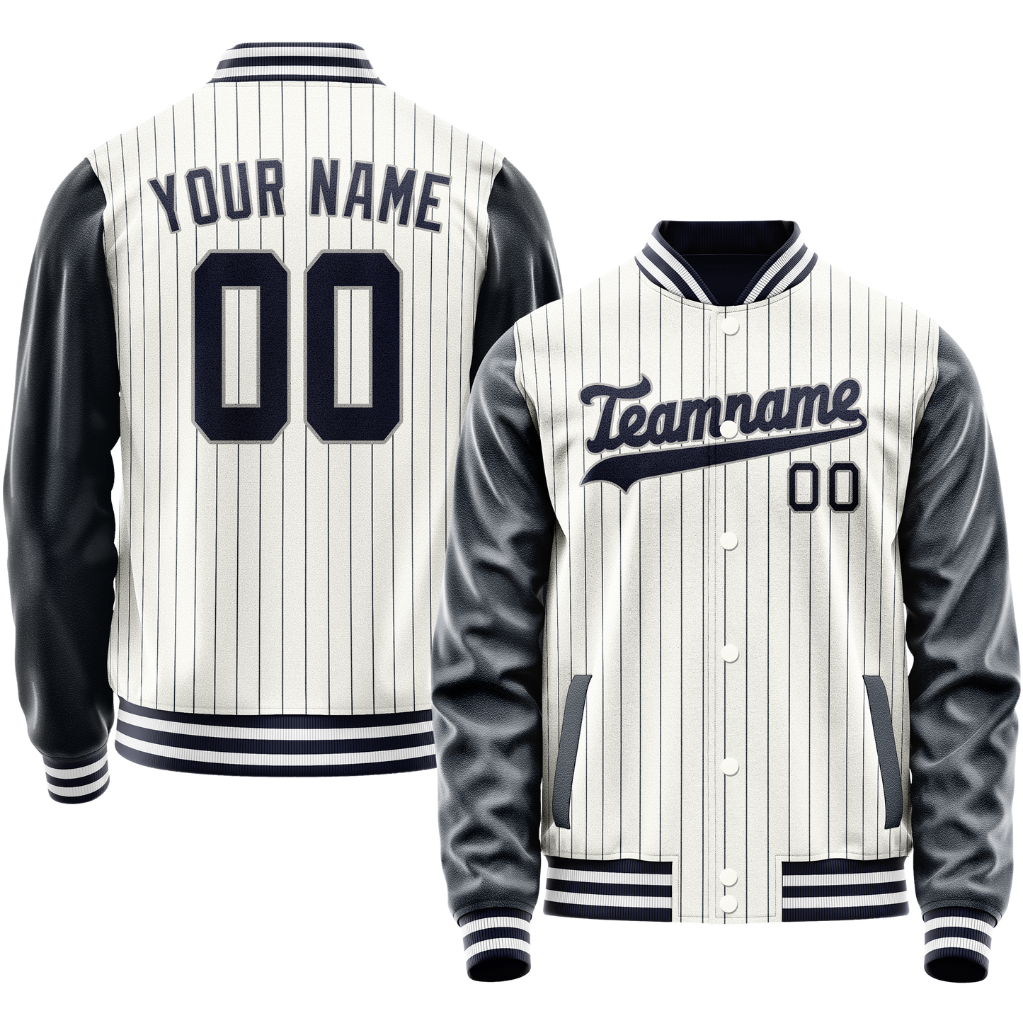 Custom White Navy Navy Pinstripe Varsity Letterman Jacket