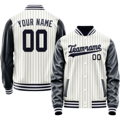 Custom White Navy Navy Pinstripe Varsity Letterman Jacket