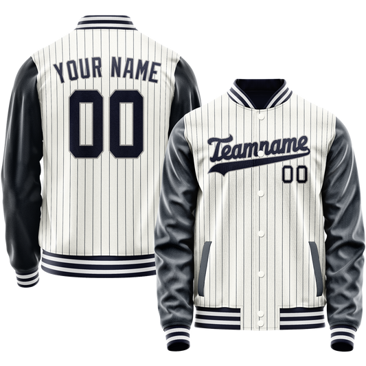 Custom White Navy Navy Pinstripe Varsity Letterman Jacket