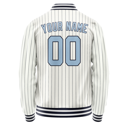 Custom White Light-Blue Navy Pinstripe Varsity Letterman Jacket