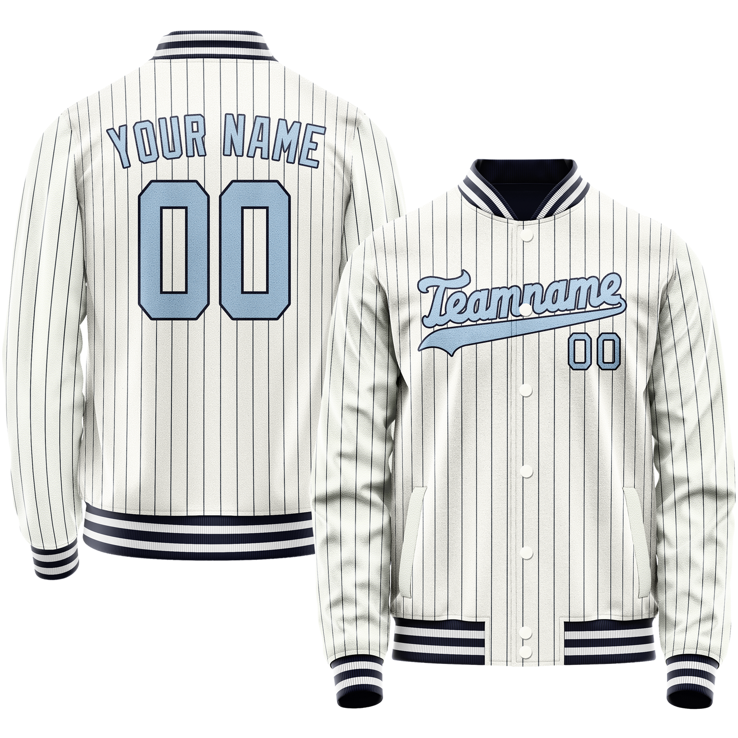 Custom White Light-Blue Navy Pinstripe Varsity Letterman Jacket