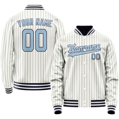 Custom White Light-Blue Navy Pinstripe Varsity Letterman Jacket