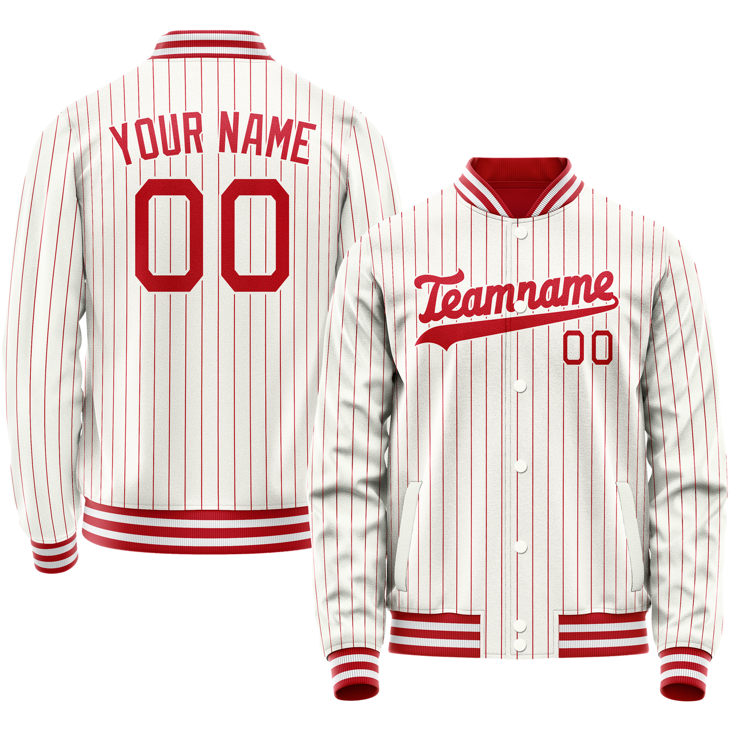 Custom White Red Red Pinstripe Varsity Letterman Jacket