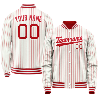 Custom White Red Red Pinstripe Varsity Letterman Jacket