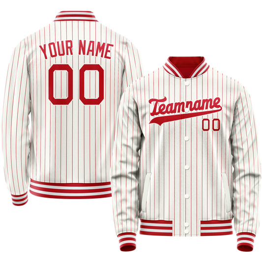 Custom White Red Red Pinstripe Varsity Letterman Jacket