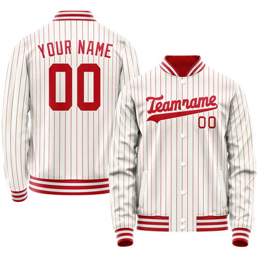 Custom White Red Red Pinstripe Varsity Letterman Jacket