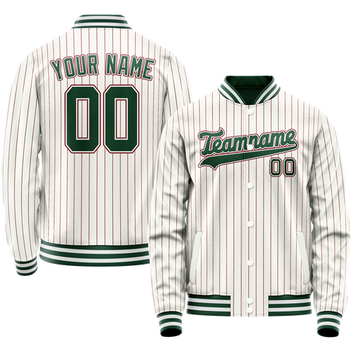 Custom White Kelly-Green Red Pinstripe Varsity Letterman Jacket
