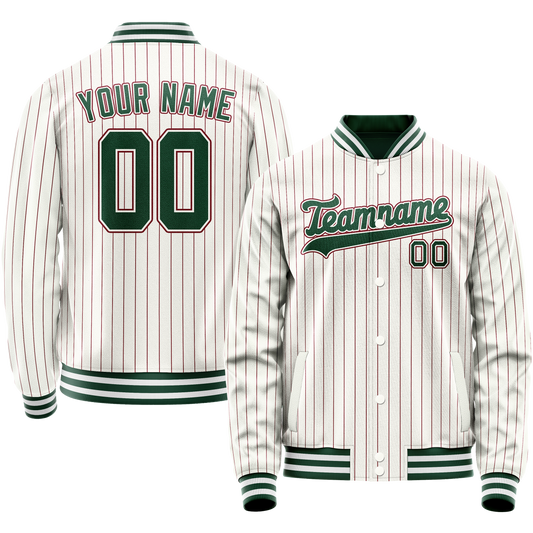 Custom White Kelly-Green Red Pinstripe Varsity Letterman Jacket
