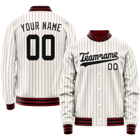 Custom White Red Red Pinstripe Varsity Letterman Jacket